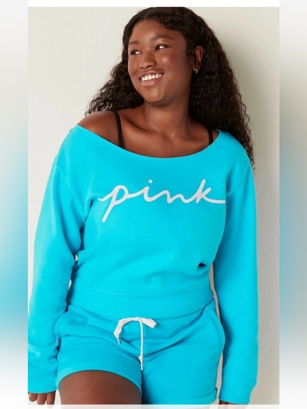 PINK Victoria's Secret Off The Shoulder Bright Turquoise Blue Lounge Top